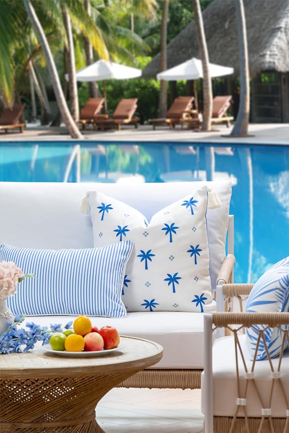 Hofdeco Premium Coastal Patio Indoor Outdoor Pillow Cover Only, 20"x20" Water Repellent for Backyard, Couch, Cornflower Blue Embroidered Coconut Tree Tassel