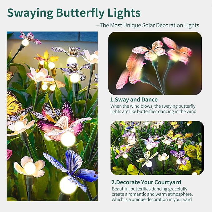 FENSAN Solar Garden Lights,2packs-16LED,Outdoor Solar Powered Decor for Yard, Patio, Pathway, IP65 Waterproof Butterfly Lights