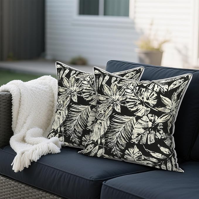 Outdoor Throw Pillows Inners, Fade Resistant Patio Furniture Square Pillows with Piping Set of 2 for Patio Furniture, 18x18 Inch, Tropical Leaf Black