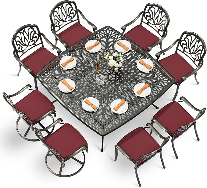 VIVIJASON 9-Piece Outdoor Furniture Dining Set for 8, Cast Aluminum Patio Table and Chairs Set with 6 Stationary Chairs, 2 Swivel Rocker Chairs, 64" Large Square Dining Table, Umbrella Hole, Red
