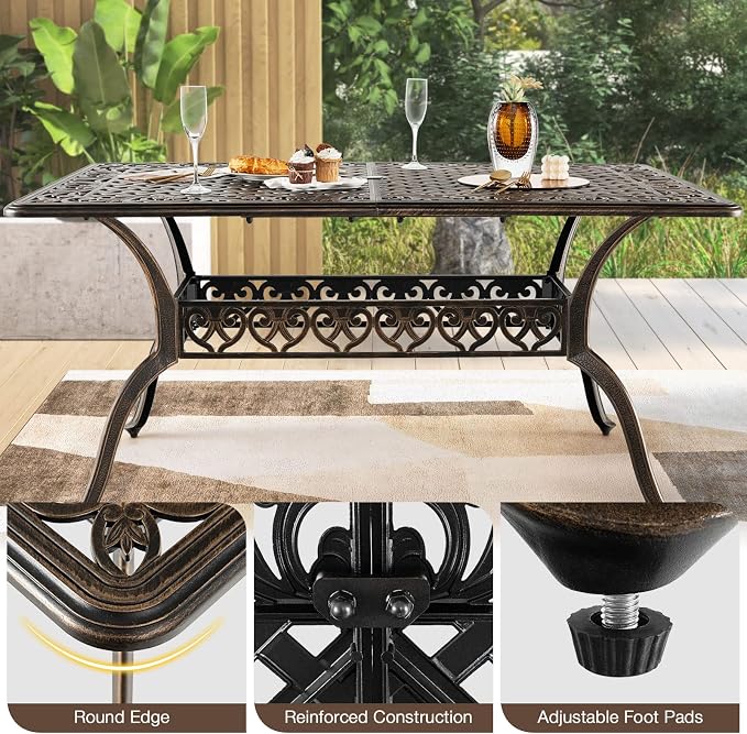 Tangkula 59 Inches Outdoor Dining Table, All-Weather Cast Aluminum Table with Umbrella Hole, 6-8 Person Rectangular Dining Table for Garden, Backyard and Poolside (Bronze)