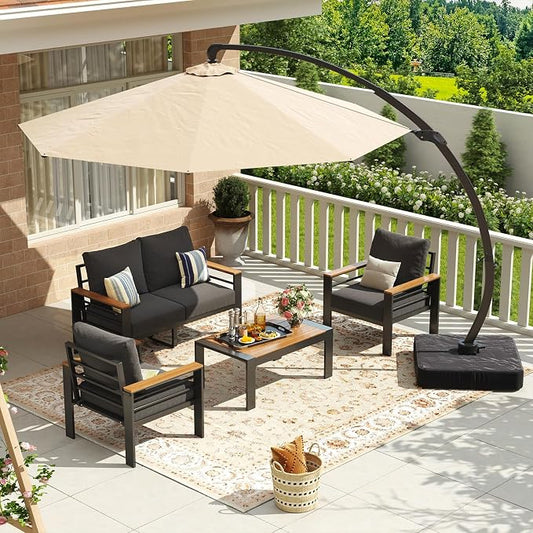 Aoxun Aluminum Patio Furniture Set with Umbrella 4 Seats, Oversized Outdoor Sectional with Washable Thick Cushions, Coffee Table, Patio Conversation Sets for Porch, Balcony, Deck