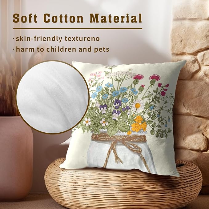 Wildflower Throw Pillow Covers 18x18 Inch Set of 2 Flowers Leaves Bouquet Vase Spring Summer Seasonal Decor Cushion Cover for Bedroom Sofa Living Room Couch Bench Outdoor