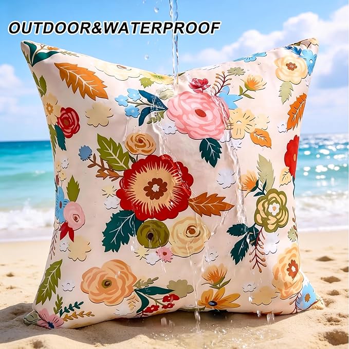 Outdoor Waterproof Floral Pillow Covers Summer Decorative Throw Pillow Covers 20x20 Inch Square Garden Cushion Sham Pillowcase Set of 2 Outside Decor for Patio Tent Garden Sofa Accent Pillow Cases