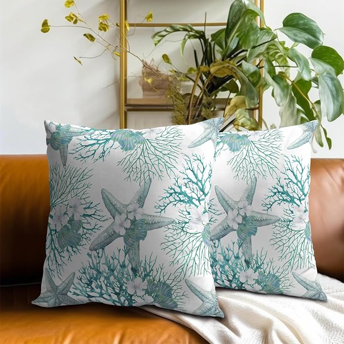Nautical Coastal Throw Pillow Covers 20x20 Set of 2, Summer Ocean Beach Coral Floral Decorative Pillow Cases Cotton Cushion Cover for Home Sofa Couch Wedding Anniversary Decor