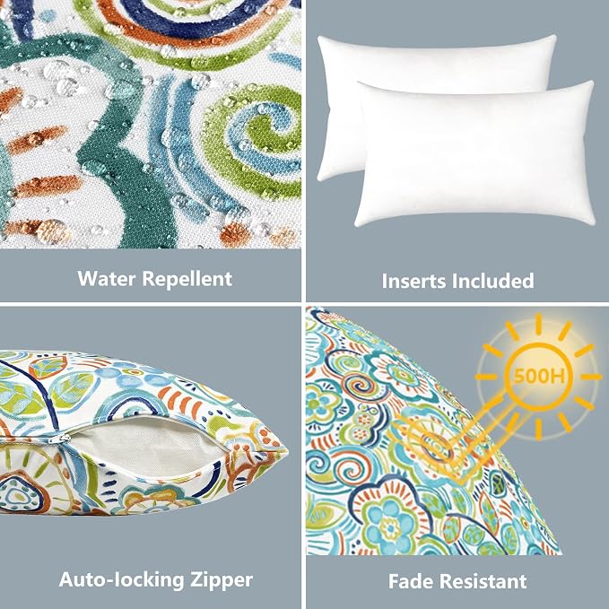 LVTXIII Outdoor/Indoor Lumbar Pillows, Decorative Patio Lumbar Cushions, Fluffy Water Repellent Garden Cushions for Home Patio Coach Sofa Use, 12×20 Inch, Pack of 2, Flower Blue