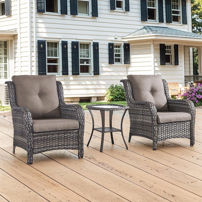 Belord High Back Patio Chairs Set of 2 - Gray Wicker Chairs Outdoor Seating, 4" Wide Armrests Rattan Outdoor Club Chair with Grey Removable Cushion for Deck Porch Backyard