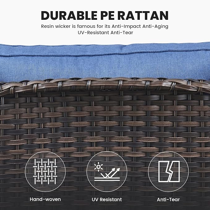 Belord Outdoor Furniture Set Patio Wicker Chairs, 3 Peices Porch Rattan Furniture with Side Table, Deep Seating Patio Bistro Chair Sets (Blue Cushion)