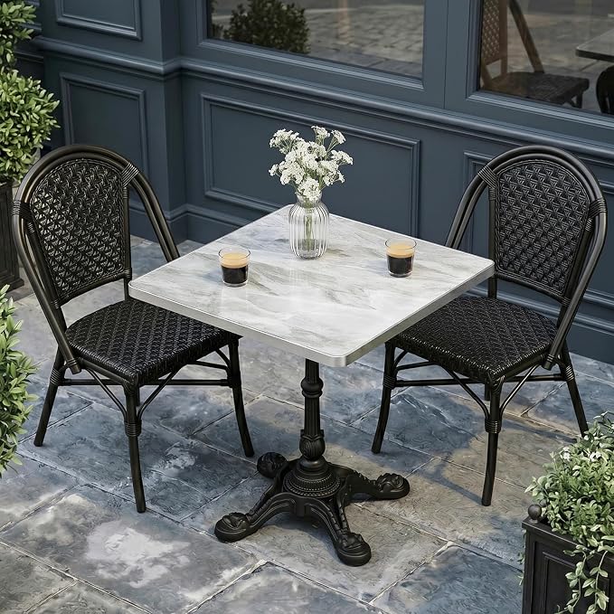 31.5" Outdoor Tulip Dining Table with Sintered Stone Tabletop and Cast Iron Base, Antique Patio Bistro Table for 2-4 Person for Indoor Outside Cafe Restaurant Backyard Garden (Light Gray Marble)