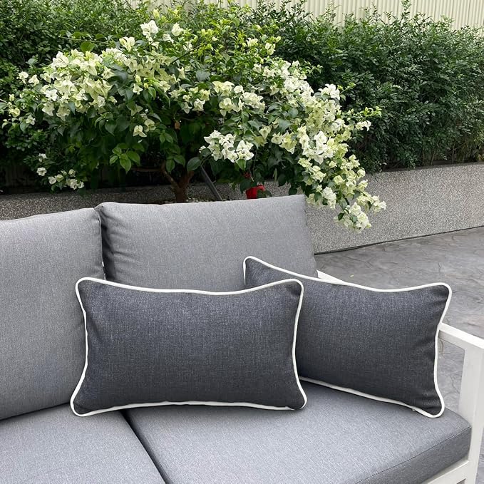 HER HWA Outdoor Lumbar Pillow Covers 20"x12" Set of 2, Carbon Gray | durable fade-resistant water-resistant 100% polyester white piping smooth zipper machine washable for indoor outdoor décor