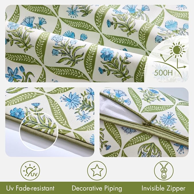 ANRODUO Floral Outdoor Waterproof Pillow Covers Set of 2 Green 12x20 Inch | Lumbar Block Print Decorative Cushion Cases With Refined Edge Piping for Summer Patio Porch Garden Couch Sofa Bench Decor