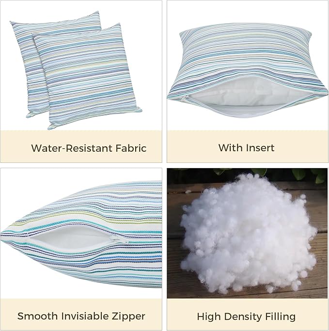FUNHOME Outdoor Throw Pillows 18x18 inch,Decorative Throw Pillow with Insert Set of 2,Water Resistant Pillow for Patio Furniture Sofa Couch Chair(Blue Stripe)