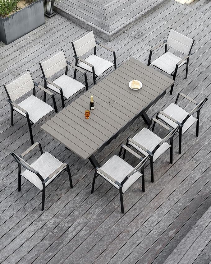 4 Pieces Outdoor Stackable Dining Chairs, Never-Rust Aluminum Stackable Patio Chairs, Patio Dining Chair Set of 4 with Double-Layer Thickened Textilene for Deck, Garden, Poolside, Limed Oak