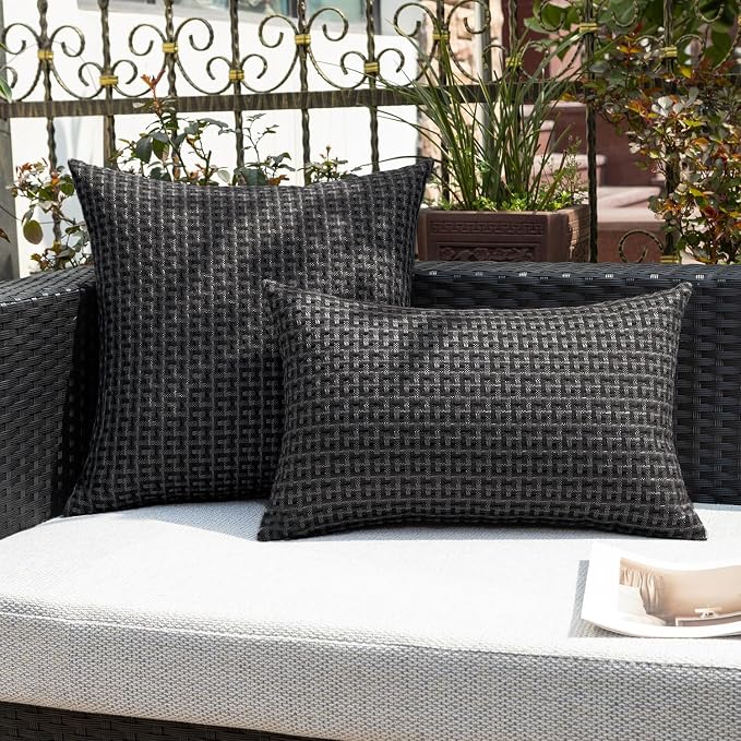 Kevin Textile Outdoor Waterproof 16"x16" Pillow Covers 2 Pack, Black | Water Resistant Weaving Faux Linen Texture Throw Pillow Covers, Outside Decorative Pillowcases for Garden Patio Balcony Couch