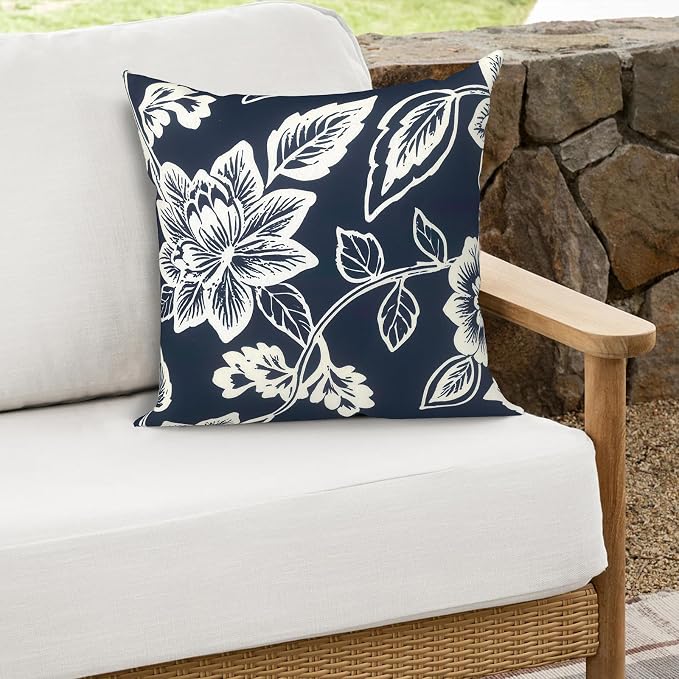 Outdoor Throw Pillows 16x16 Inch, Water Repellent Patio Pillows with Inners Set of 2 for Patio Furniture Home Graden, Elegant Vines Navy