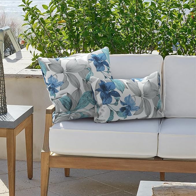 Outdoor Lumbar Pillow Covers 12”x20”, Rectangle Throw Pillow Covers for Patio Furniture, Decorative Lumbar Cushion Case for Garden Balcony Couch Office Chair, Pack of 2, Clemens Noir Blue