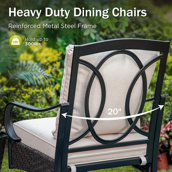 PHI VILLA 5 Piece Patio Dining Set, Square Table, Wicker Chairs | Heavy Duty Patio Table Set for Deck, 4 Extra Large Outdoor Metal Wicker Dining Chairs with Thick Cushions