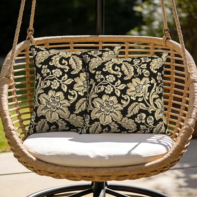 Outdoor Pillows with Insert 20x20 Inch, Waterproof Throw Pillow for Patio Furniture, Decorative Back Cushion for Garden Home Sofa Office Chair, Set of 2, Jacobean Black