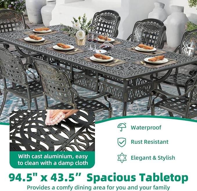 VIVIJASON 94.5" Patio Dining Table for 8-10 People, Large Rectangle Cast Aluminum Dining Table with 2" Umbrella Hole, Weather-Resistant Patio Dining Table for Deck Garden Backyards, Dark Bronze