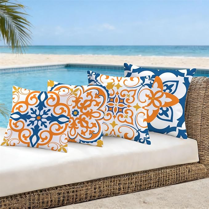 NIGHTWISH Outdoor Waterproof Pillow Covers 18x18 Set of 4 Yellow Boho Decorative Throw Pillows Floral Cushion Cases for Patio Furniture Bench Couch Sunbrella