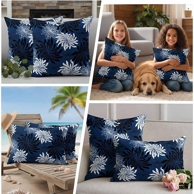 Yukro Blue Black Floral Outdoor Waterproof Pillow Covers Pack of 2, Vintage Blue White Black Flower Decorative Throw Pillowcases Cushion Covers for Garden Patio Tent Sofa Couch, 24x24 inch