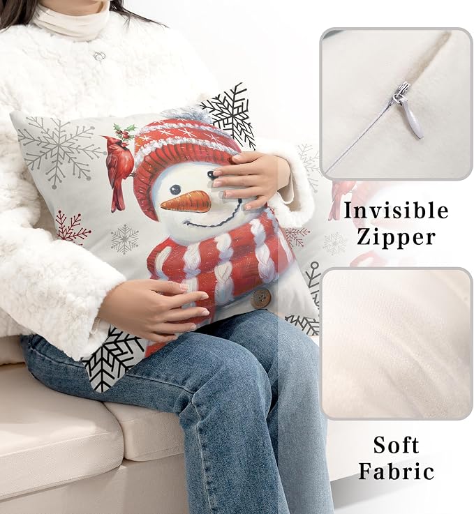 Red Snowman with Cardinal Bird Pillow Covers 24x24 Christmas Holiday Throw Pillow Covers Winter Snowflake Cushion Case for Living Room Bedroom Sofa Set of 2