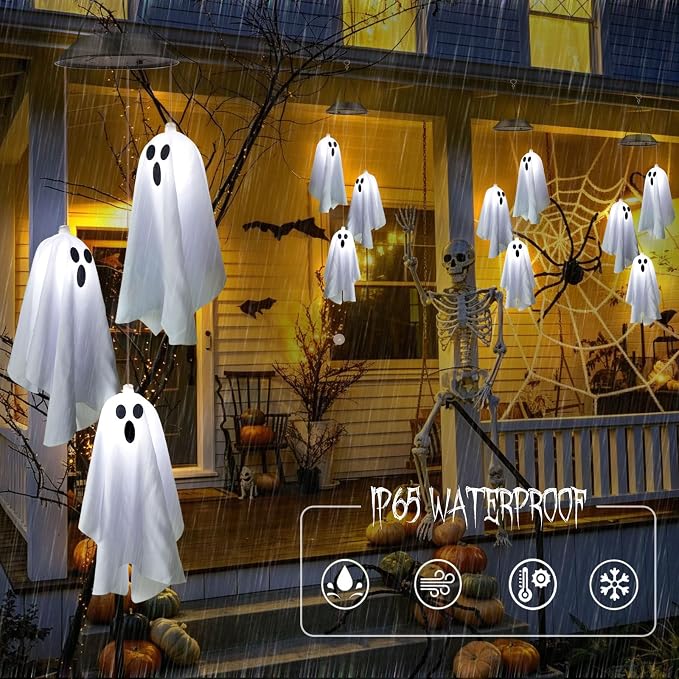 2Pack Hanging Ghost Swing Solar Lights for Halloween Decorations | 6Pc Spooky White Ghosts with ON/FLASH Lighting Mode, Cute Light Up Ghost Kit for Garden Yard Tree Front Porch Halloween Decor