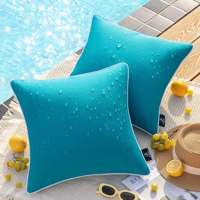 Phantoscope Pack of 2 Outdoor Waterproof Solid Throw Decorative Pillow Cover Decorative Square Outdoor Pillows Cushion Case Patio Pillows for Couch Tent, Teal Blue 20x20 inches 50x50 cm
