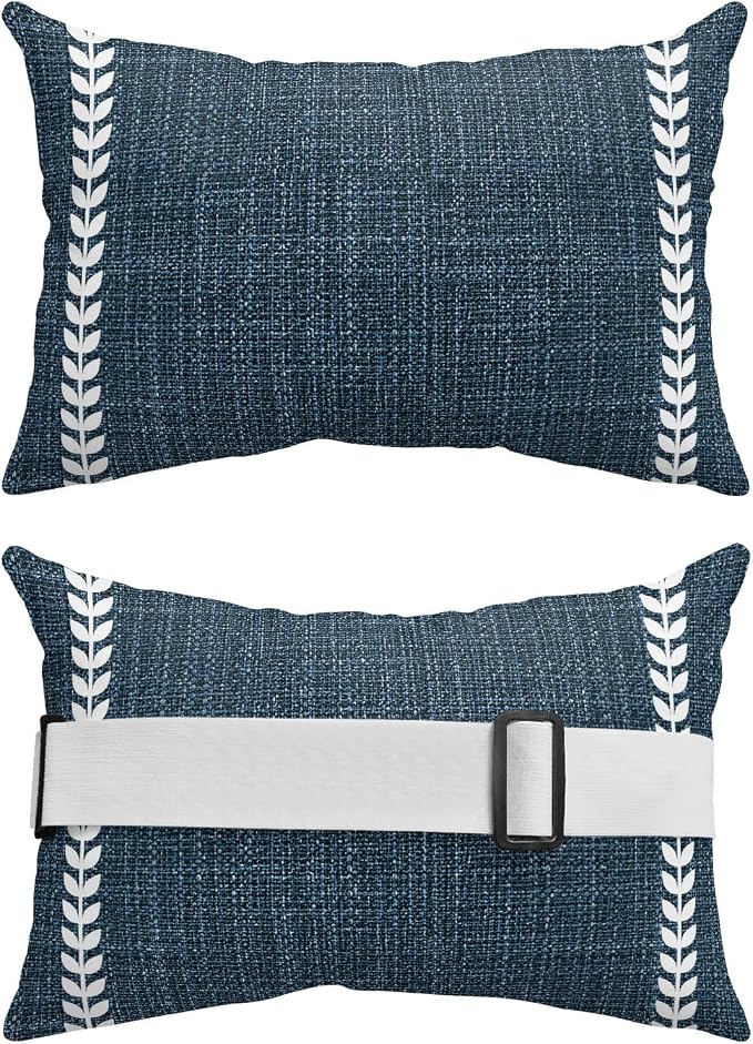 Navy Blue Outdoor Lumbar Pillows 11x16 Set of 2, Traditional Rustic Minimalist Striped Pattern Waterproof Throw Pillow Covers with Insert, Decorative Pillowcase Cushion for Couch Sofa Bed