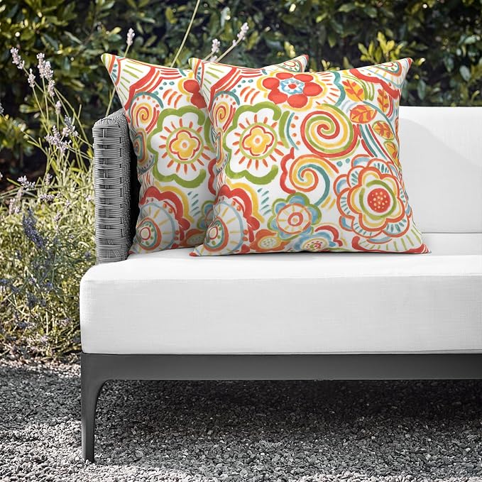 Outdoor Throw Pillows 16x16 Inch, Water Repellent Patio Pillows with Inners Set of 2 for Patio Furniture Home Garden, Flower Multi