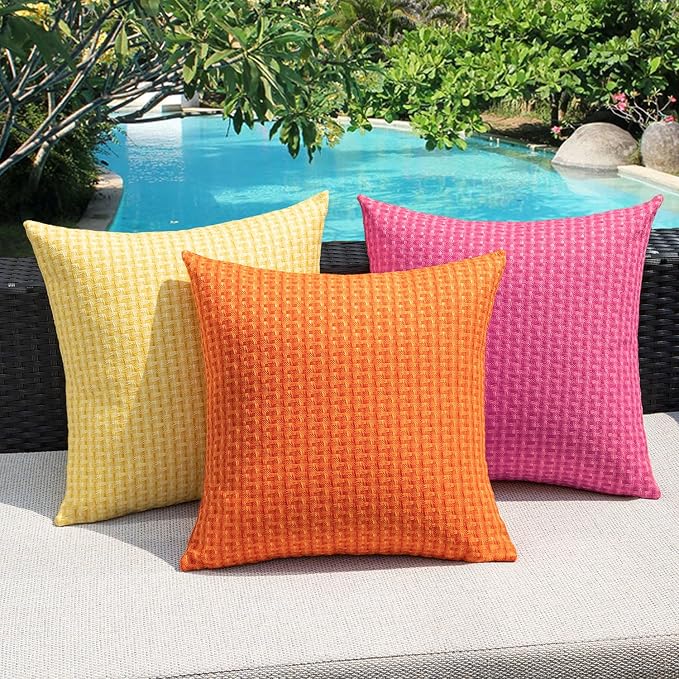 Kevin Textile Outdoor Waterproof 24"x24" Pillow Covers 2 Pack, Hot Pink | Water Resistant Weaving Faux Linen Texture Throw Pillow Covers, Outside Decorative Pillowcases for Garden Patio Balcony Couch