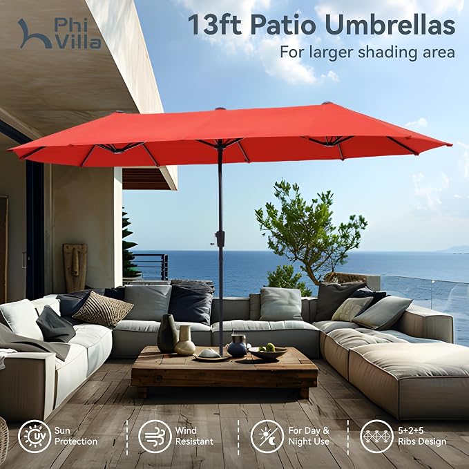 PHI VILLA 8 Pcs Outdoor Dining Set with 13ft Umbrella, Mesh Dining Chairs | 60'' wood-look rectangular table, 6 patio textilene chairs and 13ft orange red umbrella(NO BASE) for deck, garden, backyard