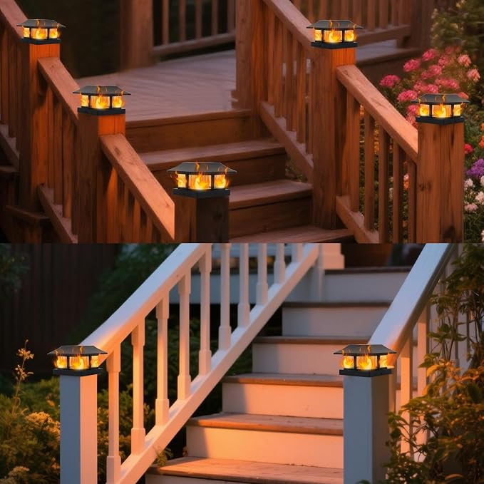 Dynaming Solar Flame Post Cap Lights Outdoor, Solar Powered Fence Post Light, Flickering Flame LED Lantern Lamps Waterproof for Garden Deck Patio, Fit 4x4 Wooden/Vinyl Posts, 8 Pack