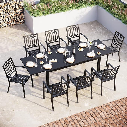 Sophia & William Patio Table and Chairs Set, Outdoor Dining Set for 8, 9 Piece Metal Patio Furniture, 99" Expandable Black Rectangular Table(Geometry)