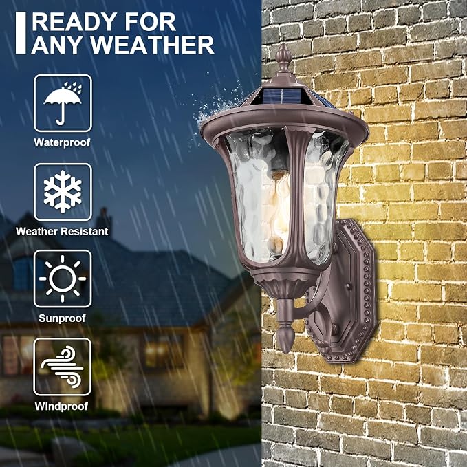 Outdoor Light Fixtures Wall Mount Dusk to Dawn Solar Exterior Wall Sconce Lanterns Remote Control with Water Ripple Glass Lamp Shade for Patio Yard House Hallway, 17'' Medium ORB Color