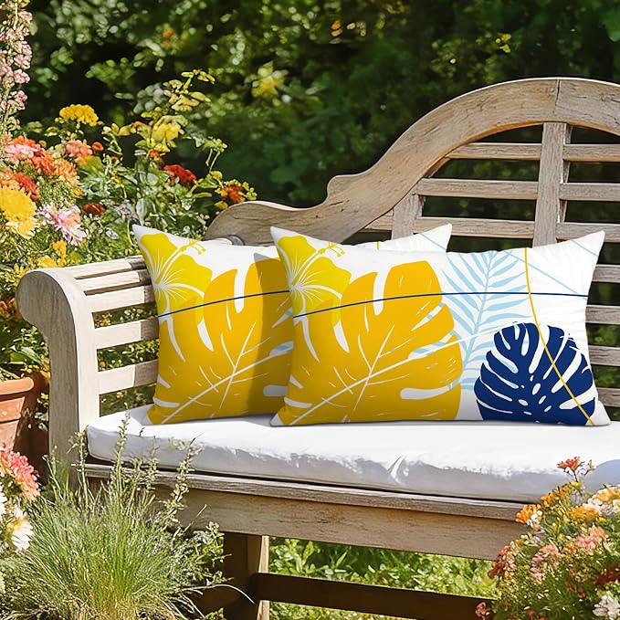OTOSTAR Outdoor Waterproof Throw Pillow Covers 12x20 Inch Set of 2 Double-Sided Yellow Blue Tropical Leaf and Flower Spring Summer Decorative Pillow Cases for Patio Funiture Garden Tent Balcony Couch