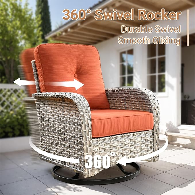 HOOOWOOO Sectional Patio Furniture Set with Swivel Chairs,9 Pieces Wicker Outdoor Furniture L Shaped Couch,Outside Conversation Set with Extra Deep Seat Sofa Wide Arm Solar Light Table,Brick Red