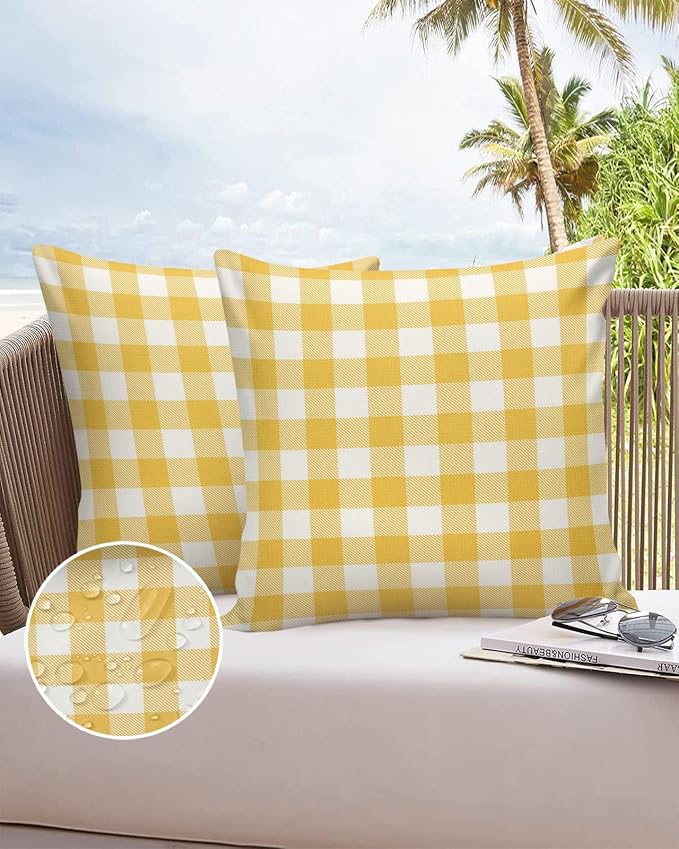 Outdoor Waterproof Throw Pillow Covers Set of 2 Yellow Buffalo Check Plaid Pillowcases 24x24 Inches Farmhouse Style Patio Decorative Pillows Cushion Case Patio Pillows for Couch Bed Chair Garden