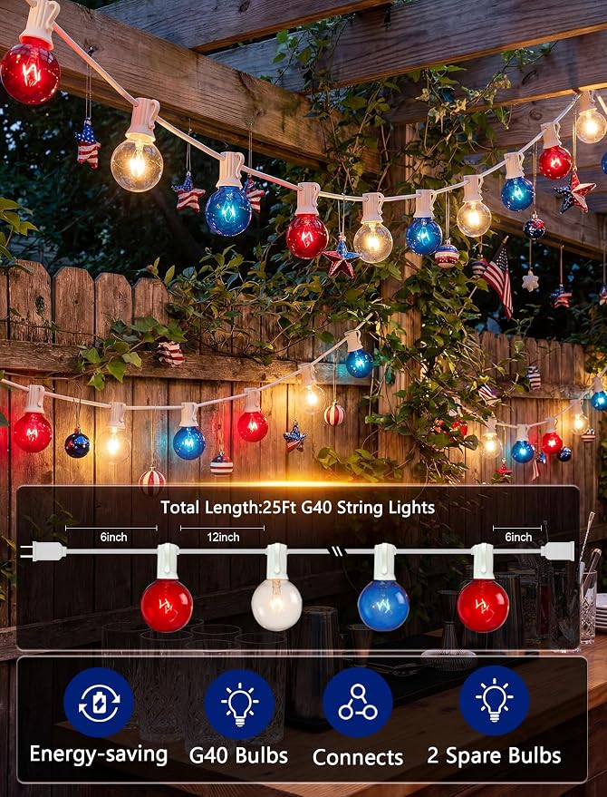 4th of July Decorations String Lights, 25Ft Outdoor Patio String Lights with 27 G40 Red White and Blue Light Bulbs(2 Spare), Independence Day Lights for Patriotic Party Garden Festival Decor- White