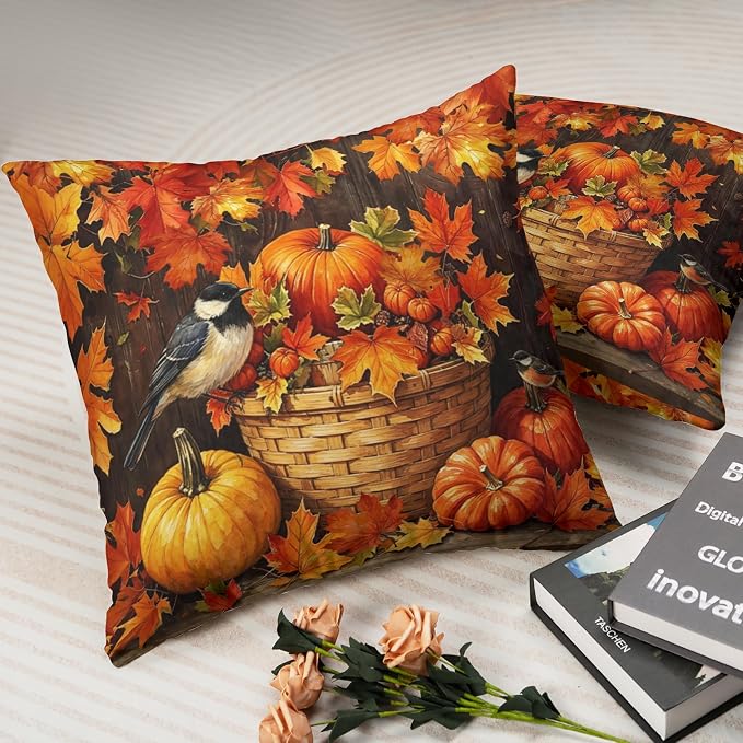 Pumpkin Throw Pillow Covers Fall Themed Pillow Covers 16x16 Set of 2 Orange Maple Leaf Pillows Cases Autumn Thanksgiving Cushion Cases for Home Farmhouse Patio Porch Garden