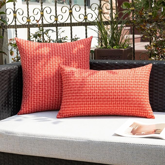 Kevin Textile Outdoor Waterproof 26"x26" Pillow Covers 2 Pack, Red | Water Resistant Weaving Faux Linen Texture Throw Pillow Covers, Outside Decorative Pillowcases for Garden Patio Balcony Couch