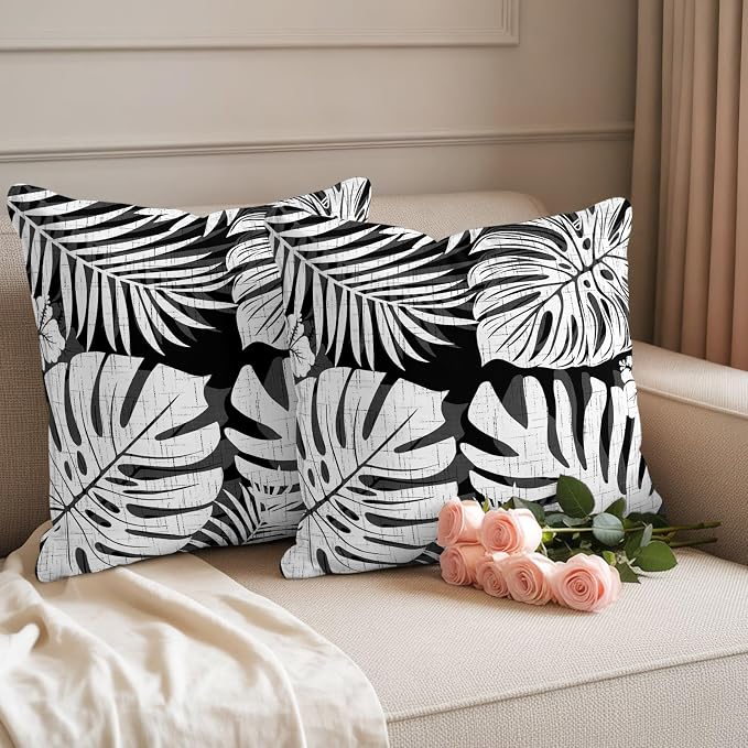 Black Palm Leaves Outdoor Pillow Covers 24"x24" Set of 2, Tropical Botanical Minimalist Modern Waterproof Throw Pillow Covers for Patio Furniture, Decorative Cushion Covers for Porch
