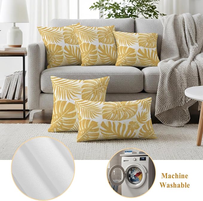 Yellow Palm Leaves Outdoor Pillow Covers 24"x24" Set of 2, Tropical Botanical Minimalist Modern Waterproof Throw Pillow Covers for Patio Furniture, Decorative Cushion Covers for Porch