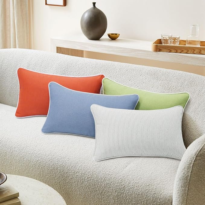 Unimatta Decorative Outdoor Water Repellent Throw Pillows with Inserts, Set of 4, 20" x12" Pillows for Patio, Backyard, Bed, Couch, and Patio Furniture, Tan Stripe