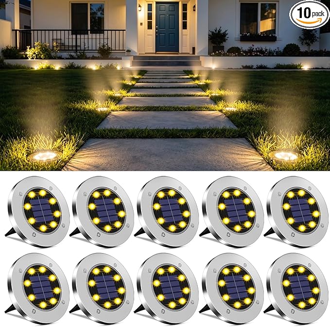 OULONGER 4.6inch Solar Ground Lights 10Packs, Garden Solar Outdoor Waterproof Pathway Bright In-Ground Landscape Lights for Patio, Lawn, Yard, Driveway, Step and Walkway(Warm Light)