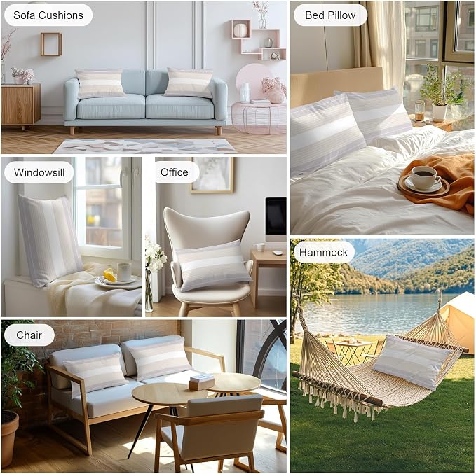 Gray Beige Stripe Outdoor Pillow Covers Waterproof, All Weather Cushion Case Set of 2, Modern Art Horizontal Striped Lumbar Pillowcase for Sofa Couch Bed Decor Patio Furniture 20"x12"