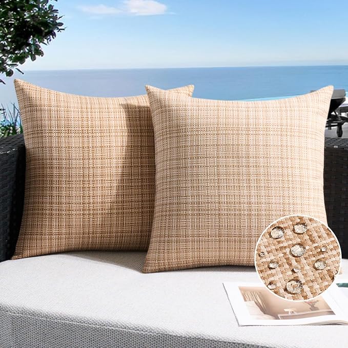 UGASA Outdoor Waterproof Throw Pillow Covers Pack of 2 Patio Water Resistant Pillow Cases Summer Woven Texture Decorative for Outside Garden Porch Yard Bench Tent 18x18 Inch, Beige