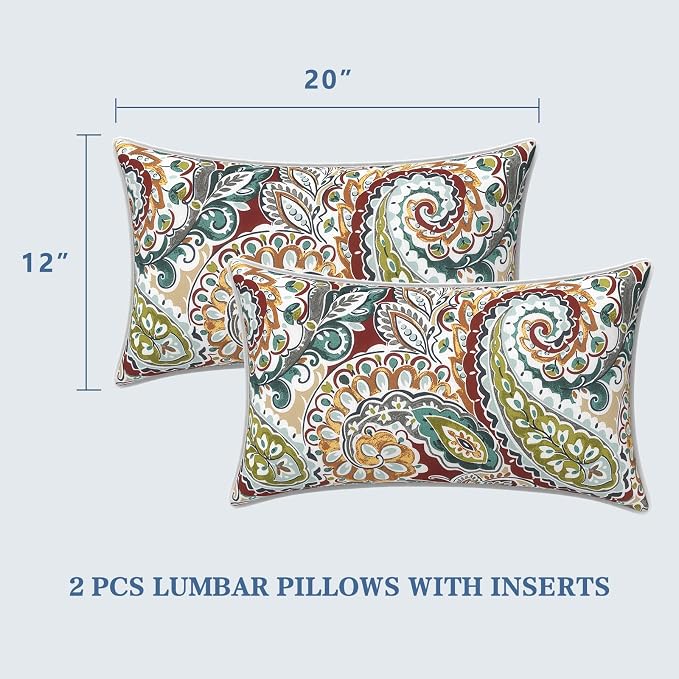 LVTXIII 2 Pack Outdoor Lumbar Pillows 12x20 Inch with White Piping, Fade Resistant Support Throw Pillows with Inserts for Patio Furniture, Sofa, Chair, Vibrant Paisley