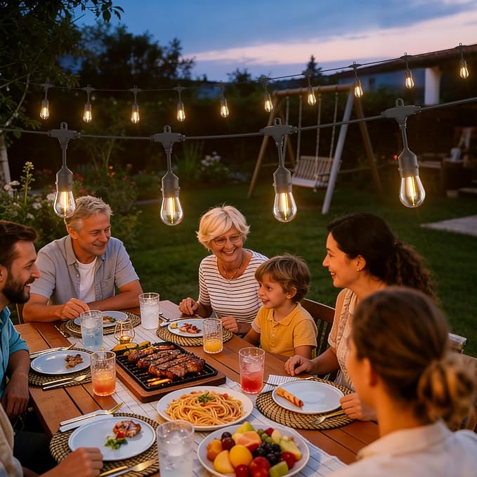 Outdoor String Lights 50FT 34 Bulbs(1.5 FT Apart) Remote lighting for Patio | Waterproof IP65 Connectable Outside Lights with Remote Timer&3 Modes for Commercial Backyard Bistro Garden Market Porch Yard