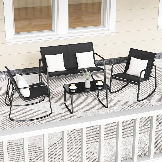 HAPPYGRILL 4 Piece Patio Rocking Bistro Set with 2 Rocking Chairs, Loveseat & Coffee Table, Outdoor Conversation Furniture Set for Garden Poolside Balcony (1)